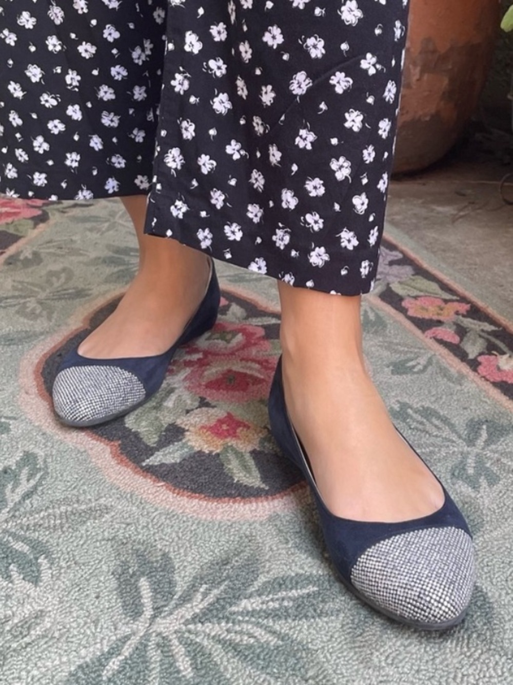 Jimmy Choo Navy Suede Pointed Toe Flats with Crystal-Embellished Caps